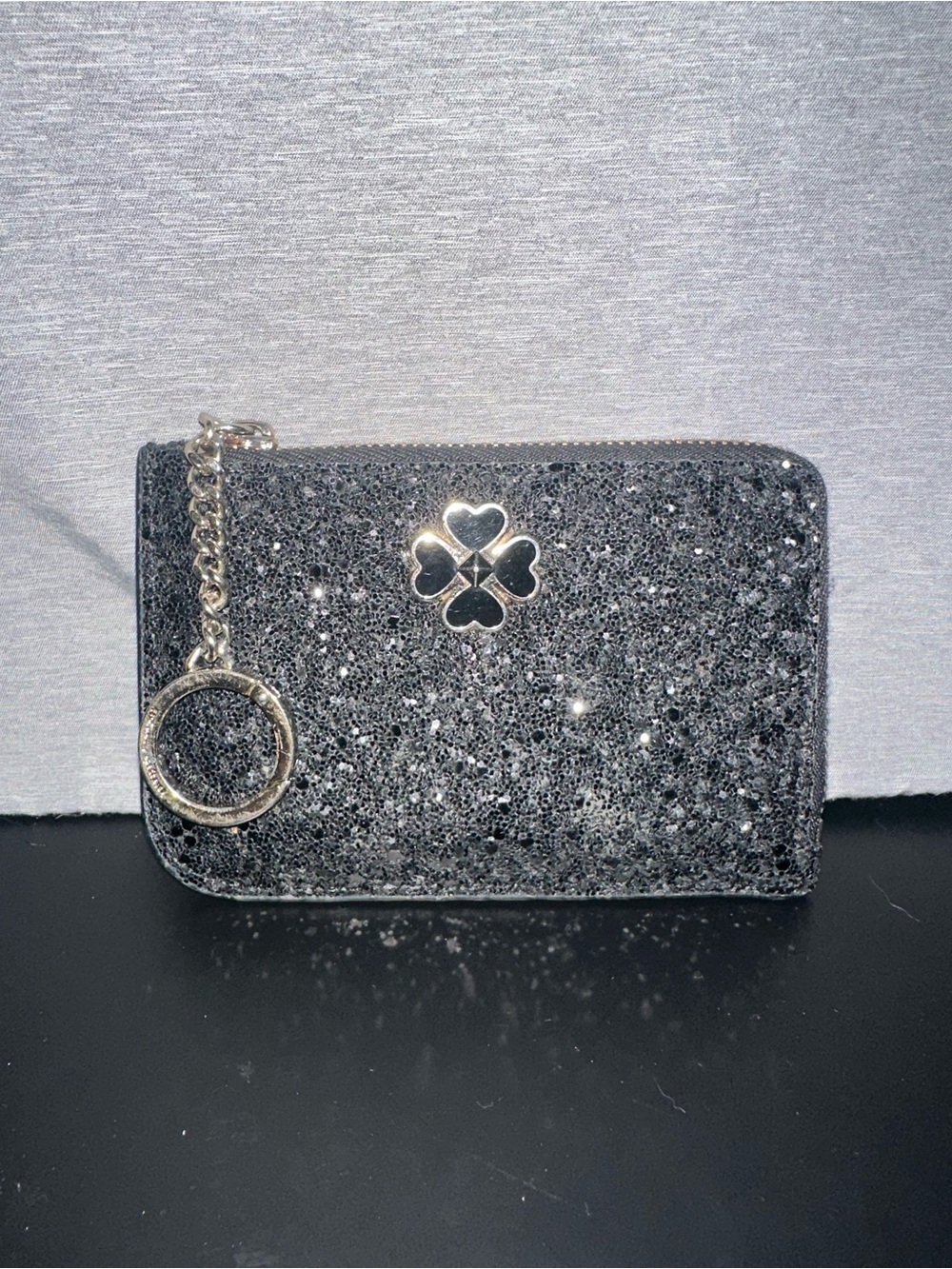 Kate Spade NY Odette Card Holder Key Chain L Zip Wallet Sparkly Glitter Black